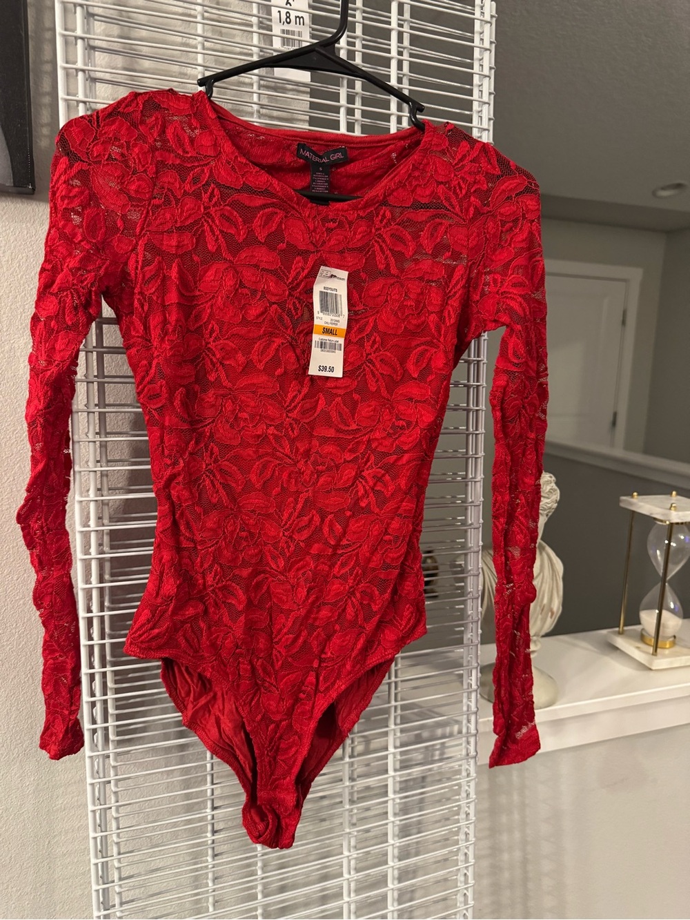 Material Girl Chili Pepper Red Lace Long Sleeve Bodysuit